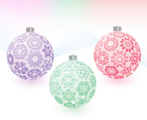 Set of three transparent multicolored christmas-balls with snowflakes texture on abstract light background. Greeting card. Vector illustration. Gradient mesh in background only include.