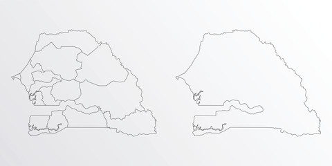 Black Outline vector Map of Senegal with regions on white background