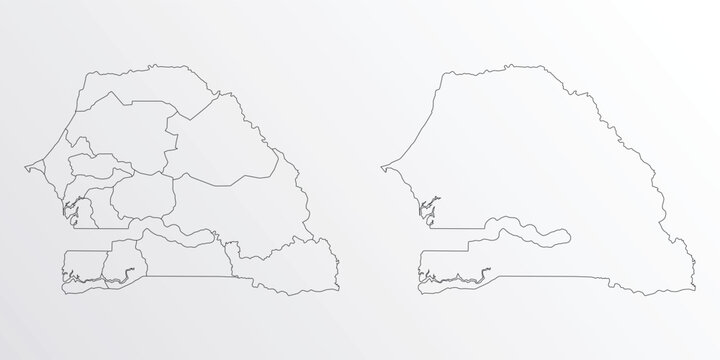 Black Outline vector Map of Senegal with regions on white background