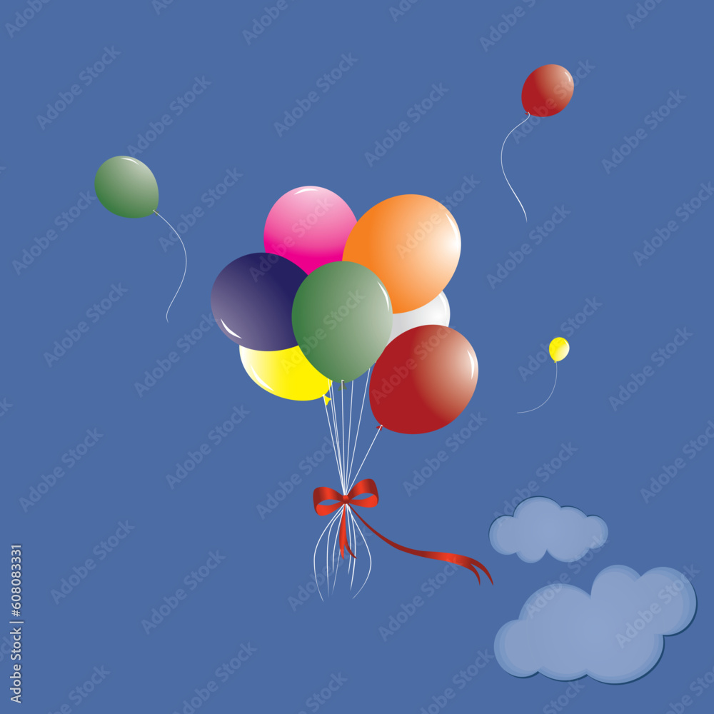 Wall mural blue sky with balloons, streamer, vector illustration