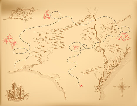An old map of the island, indicating the route. Vector.