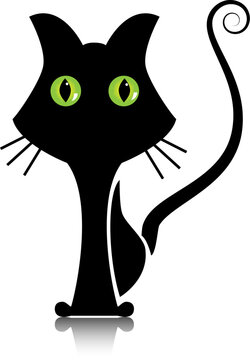 Vector picture of silhouette of black  cat with green eyes