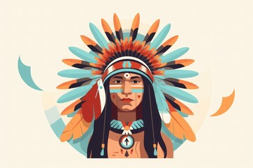 Fototapeta premium a native American Man wearing a feather headdress, vector art. Generative AI