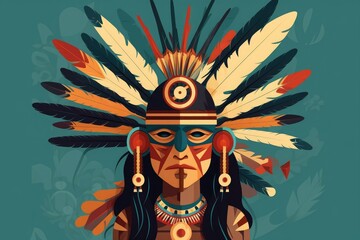 a native American Man wearing a feather headdress, vector art. Generative AI