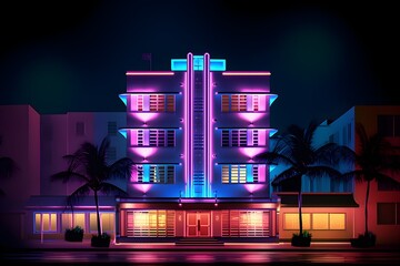 Naklejka premium Miami nightlife, Miami building at night, neon building, Miami Beach strip hotel