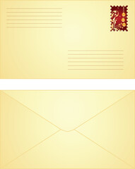 Yellow envelope with red Christmas stamp,  both sides. Vector illustration, isolated on a white.