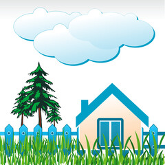 illustration of natural home with tree and cloud