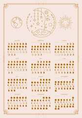 Moon calendar template, lunar phases, moonlight activity stages. Astrological, astronomical lunar phases sphere shadow scheduler, whole cycle calendar, banner, card vector illustration