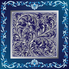 abstract blue background with silver floral ornament on black