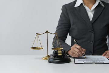 Lawyer or legal advisor reading restriction law advising corporate business planning guidelines,...