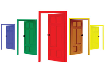 illustration of colorful open doors on isolated background