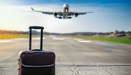 suitcase with airplane,Business travel concept. wallpaper, Travel background, background, suitcase on a runway with blurred airplane in the background, Ai generated 