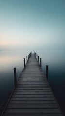 long dock reaching out into the water on a misty day.Made with the highest quality generative AI tools