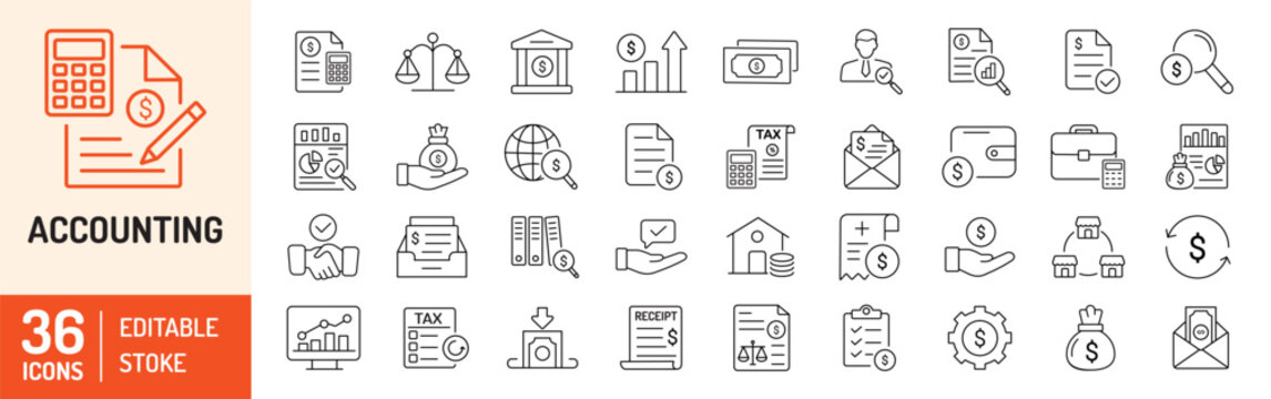 Accounting editable stroke outline icons set. Accountant, financial, business firm tax, statement, calculator, and balance sheet icons. Vector illustration