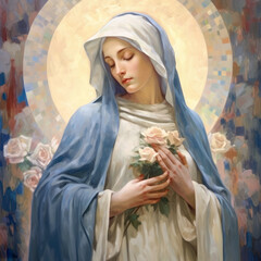 Beautiful portrait of the Virgin Mary mother of Jesus holding roses in her hands. Generative AI - obrazy, fototapety, plakaty