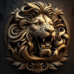 Obraz premium Golden emblem roaring lion. Generative AI