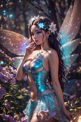 Beautiful and sexy fairy in a enchanted forest. Young fantasy fairy whit butterfly wings in a field of flowers. Generative AI