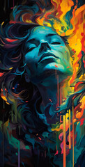 Breath of despair psychedelic vibrant portrait woman to watercolor. Generative AI