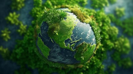 Obraz na płótnie Canvas concept image of the planet on a background of greenery. GENERATE AI