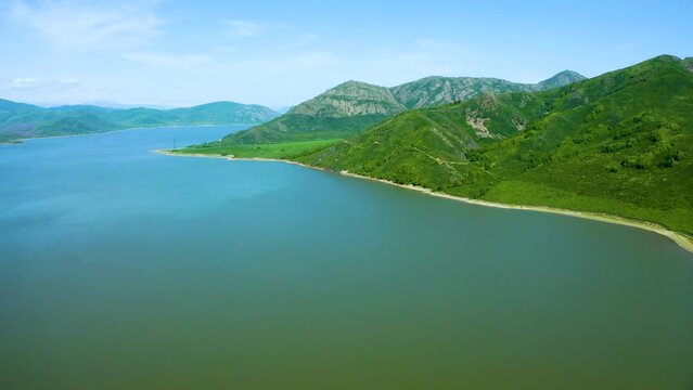 Aerial Footage Video of summer Landscapes and Mountain River of the Bukhtarma reservoir near Altai Mountains, Kazakhtan
