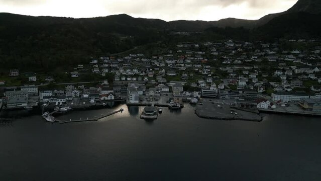 M&aring;l&oslash;y Drone Shot at Evening with Soothing Reflections in the Water. Panning sideways moving shot showing off the beautiful town M&aring;l&oslash;y, Kinn.