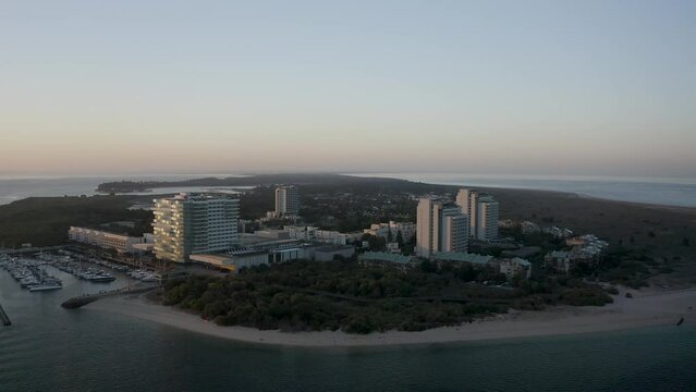 Aerial drone view of island hotel in Troia near comporta in Grandola, Portugal with amazing and beauty sky.