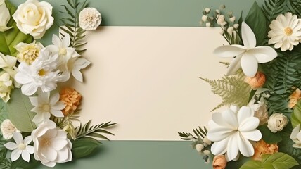 Inventive flower and leaf arrangement on a paper card note. Lay flat. Nature-based idea.  GENERATE AI