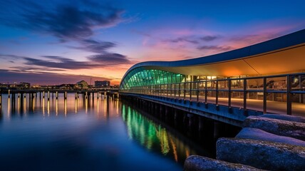 Fototapeta premium Long exposure of the Infinite Bridge and Aarhus Bay at dawn, Denmark, Aarhus. GENERATE AI