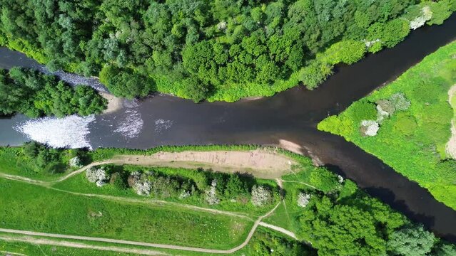 River aerial view shows detour dilemma split arrow and detour