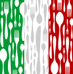 Italian Cuisine. Cutlery silhouettes: spoon, knife and fork pattern on green, white and red wide striped background as an icon of the country flag. Vector available