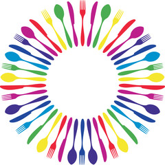 Obraz premium Cutlery icons. Colorful cutlery silhouettes in circle on white background. Vector available.