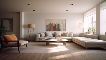 Fototapeta na wymiar quiet elegance of a minimalist interior design with clean lines, natural light, and soothing colors, using an architectural lens in the late afternoon, 4k, generative AI