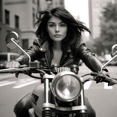 Fototapeta na wymiar A woman is riding a motorcycle and wearing a leather jacket. The 1950s sexy lady rode her motorcycle with confidence. Generative AI