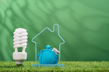 Glowing fluorescent light bulb near house frame with purse and money on green grass background. Green energy saving and smart house solutions. Sustainable consumption. Earth Day