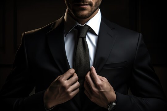 Man In Black Suit and Adjusting His Necktie