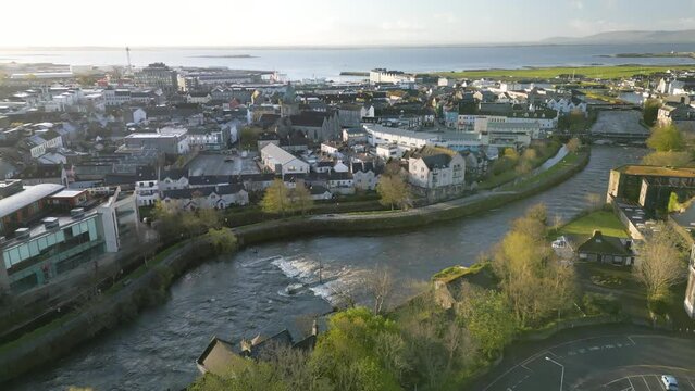 Cinematic Aerial Shot Above Galway, River Corrib with Galway Bay in Background