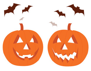 Halloween pumpkins and bats over white