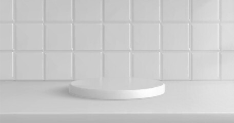 3d white kitchen tile podium platform background. Perspective product display studio with pedestal scene and shadow. Abstract realistic clean bath room ceramic showcase for presentation and mockup