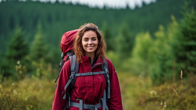 Young lady camping and trekking in the wilderness. GENERATE AI