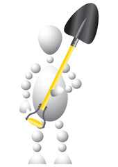 Man as worker with a big spade. Abstract 3d-human series from balls. Variant of white isolated on white background. A fully editable vector illustration for your design.