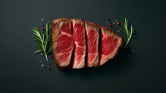 Sliced Red Rare Beef Steak Top View Thick Marbling Generative AI