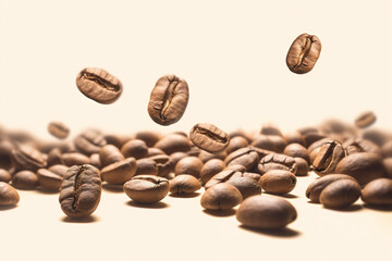 Falling coffee beans and freshly roasted coffee beans on beige background