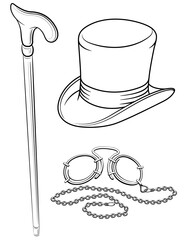 set of retro accessories with hat walkingstick and pince-nez point vector illustration, isolated on white background