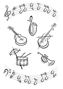 Drum, guitar, trumpet, sax, kontrabas music instruments black - vector illustration