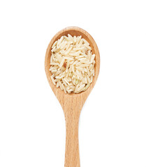 top view overhead flat lay raw brown rice in wood spoon isolated on white background. pile of raw...