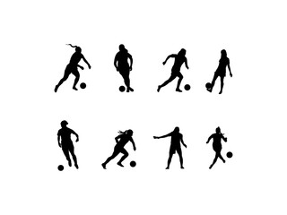 Female football set. Women playing soccer vector silhouettes. Silhouette of athlete soccer players with ball in motion, action on white background.