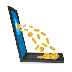 illustration of laptop with dollar coins on white background
