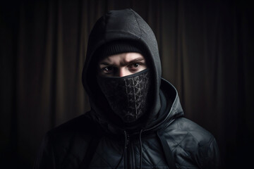 Fototapeta na wymiar Aggressive dangerous robber man in mask and hood looking into the camera. People criminal, hacker, robbery, crime, theft, arrest concept. Generative AI Technology
