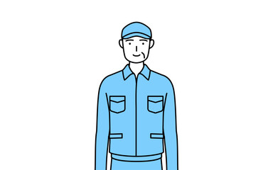 正面を向いた笑顔の帽子と作業着姿のシニア男性（経営者、管理職、上司）