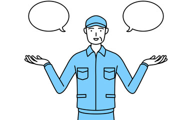 ふきだしつき、比較をする帽子と作業着姿のシニア男性（経営者、管理職、上司）